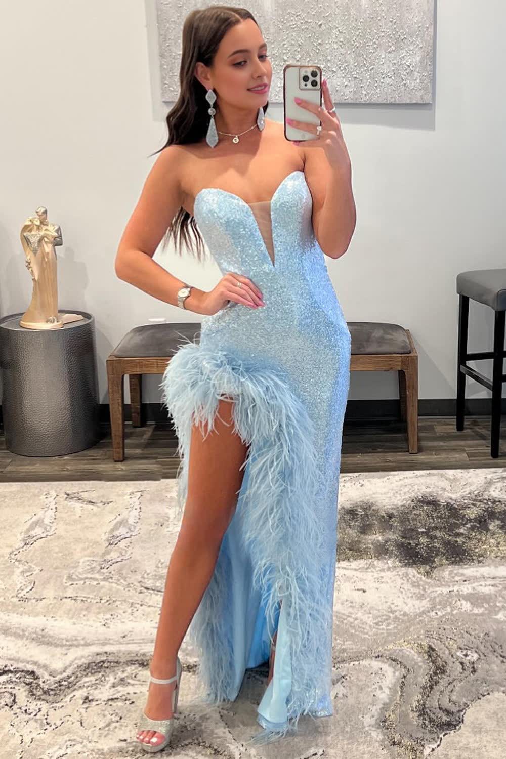 Sheath Sweetheart Light Blue Sequins Long Prom Dress with Feather