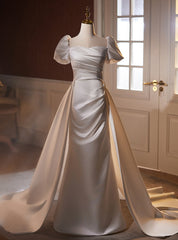 Sheth Satin Puff Sleeve Pleats Wedding Dresses