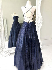 Shiny A Line Open Back Navy Blue Long Formal Evening Dresses