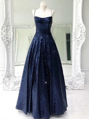 Shiny A Line Open Back Navy Blue Long Formal Evening Dresses