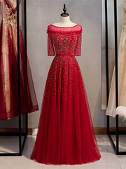 Shop Beautiful Scoop Beading Half Sleeves Red Sheer Tulle Sequin Prom Dress Under 148