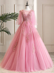 Shop Online Pink Ball Gown Tulle Appliques Beading Short Sleeve Quinceanera Dresses