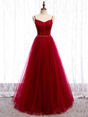 Shop Spaghetti Straps Tulle Beading Floor Length Burgundy Prom Dresses Under 130