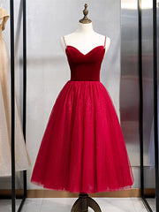 Shop Tea Length Burgundy Velvet Tulle Sweetheart Prom Dresses Under 95