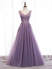 Shop V Neck Purple Beading Appliques Tulle A Line Prom Dresses Under 129