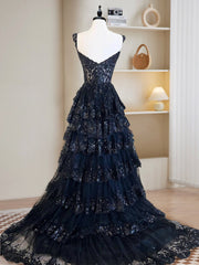 A-Line Tulle Sequin Black Long Prom Dresses, Black Sequin Long Formal Dresses