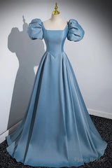 Short Blue Satin Long Prom Dresses, Short Blue Satin Long Formal Evening Dresses