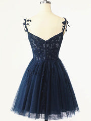 Short Dark Navy Blue Lace Prom Dresses, Dark Blue Lace Formal Homecoming Dress