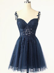 Short Dark Navy Blue Lace Prom Dresses, Dark Blue Lace Formal Homecoming Dress