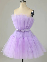 Short Purple Strapless Tulle Prom Dresses, Short Lavender Tulle Graduation Homecoming Dresses