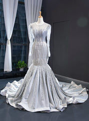 Silver Gray Satin Tulle Long Sleeve Backless Luxury Prom Dress