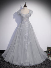 Silver Gray Tulle Appliques Beading Prom Dresses