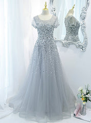 Silver Gray Tulle Beading Sequins Prom Dresses