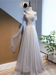 Silver Gray Tulle Sequins Scoop Neck Pearls Prom Dresses