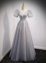 Silver Gray Tulle Sequins V-neck Beading Prom Dresses