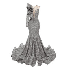 Silver Mermaid One Sleeve Prom Dresses Sequined Lace Jewel Ruffles Evening Party Dresses with Appliques