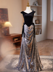 Silver Sequins Black Velvet Prom Dresses