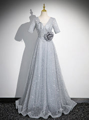 Silver Sequins Shhort Sleeve V-neck Prom Dresses