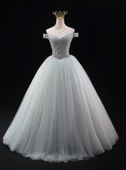 Silver Tulle Off the Shoulder Beading Prom Dress