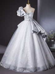 Silver Tulle One Shoulder Quinceanera Dresses