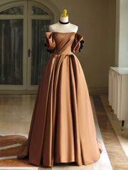 Simple A-Line  Satin Brown Long Prom Dresses, Brown Long Formal Dresses