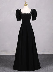 Simple Black Velvet Short Sleeve Square Neck Prom Dresses