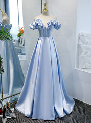 Simple Blue Satin Off the Shoulder Prom Dresses