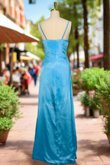 Simple Blue Spaghetti Straps Long Prom Dresses with Split