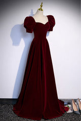 Simple Burgundy Long Velvet Prom Dress with Short Sleeves