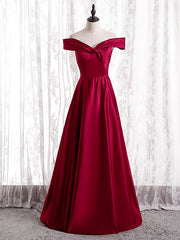 Simple Burgundy Satin Off the Shoulder Pleats Prom Dresses