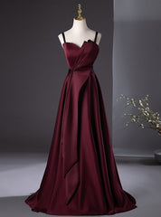 Simple Burgundy Satin Spaghetti Straps Pleats Prom Dresses