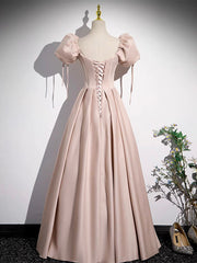 Simple Champagne Pink Satin Long Prom Dresses, Champagne Pink Long Formal Dresses