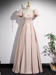 Simple Champagne Pink Satin Long Prom Dresses, Champagne Pink Long Formal Dresses