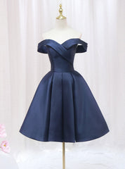 Simple Navy Blue Satin Off the Shoulder Homecoming Dress