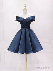 Simple Off Shoulder Satin Dark Blue Short Prom Dress, Blue Homecoming Dress