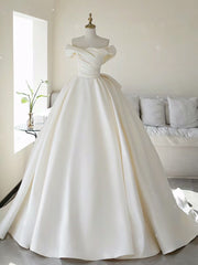 Simple Off Shoulder Satin ivory Long Wedding Dresses