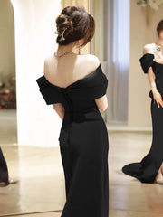 Simple Off Shoulder Satin Mermaid Black Long Prom Dresses, Black Long Formal Dresses