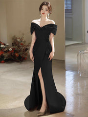 Simple Off Shoulder Satin Mermaid Black Long Prom Dresses, Black Long Formal Dresses