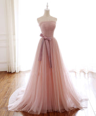 Simple Pink Tulle Long Prom Dress, Aline Pink Tulle Formal Party Dresses