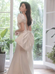 Simple Puff Sleeves Satin Mermaid White Long Prom Dresses, White Long Formal Dresses