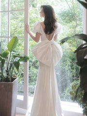 Simple Puff Sleeves Satin Mermaid White Long Prom Dresses, White Long Formal Dresses