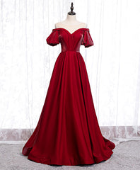 Simple Sweetheart Burgundy Satin Long Prom Dress, Burgundy Formal Graduation Dress