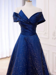 Simple Tulle Satin Dark Blue Long Prom Dress, Blue Formal Evening Dress