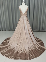 Simple v neck satin champagne long prom dress champagne evening dress