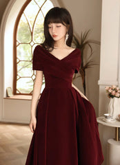 Simple V Neck Velvet Burgundy Long Prom Dresses, Burgundy Long Formal Dresses