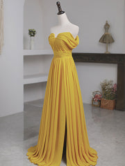 Simple Yellow Off Shoulder Long Prom Dress, Yellow Chiffon Graduation Dresses