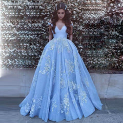 Sky Blue Ball Gown Lace Appliqued Off the Shoulder Quinceanera Dress