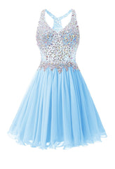 Sky Blue Chiffon Crystal Homecoming Dress