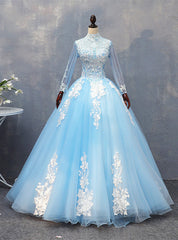 Sky Blue Tulle Long Sleeve Appliques Quinceanera Dresses