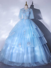 Sky Blue Tulle Short Sleeve Appliques Backless Quinceanera Dresses